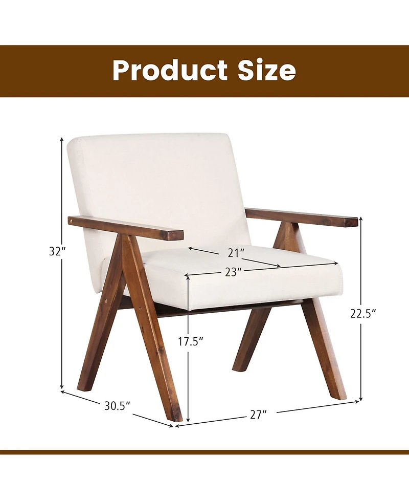 Costway 1 Pcs Modern Accent Chair Linen Fabric Armchair with Solid Acacia Wood Frame