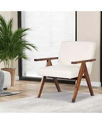 2 Pcs Modern Accent Chair Linen Fabric Armchair with Solid Acacia Wood Frame