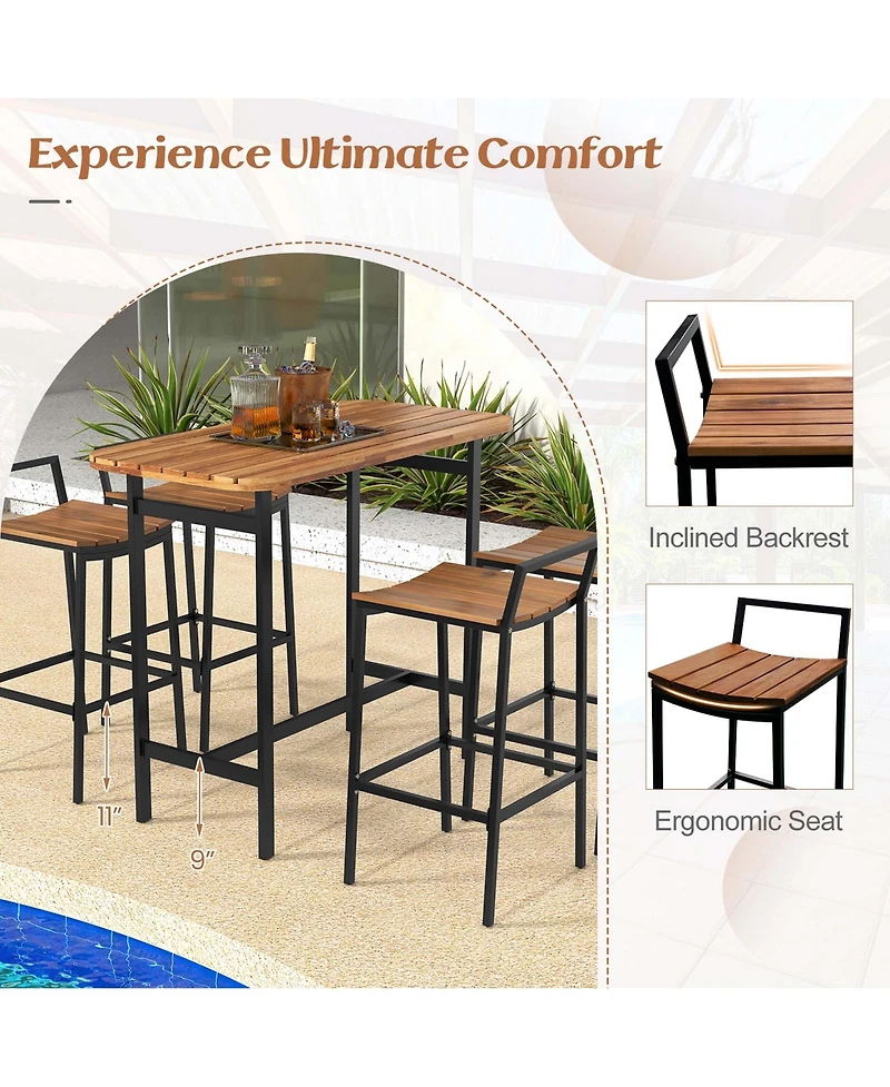 Costway 5 Pcs Acacia Wood Bar Table Set Outdoor Bar Height Table & Chairs