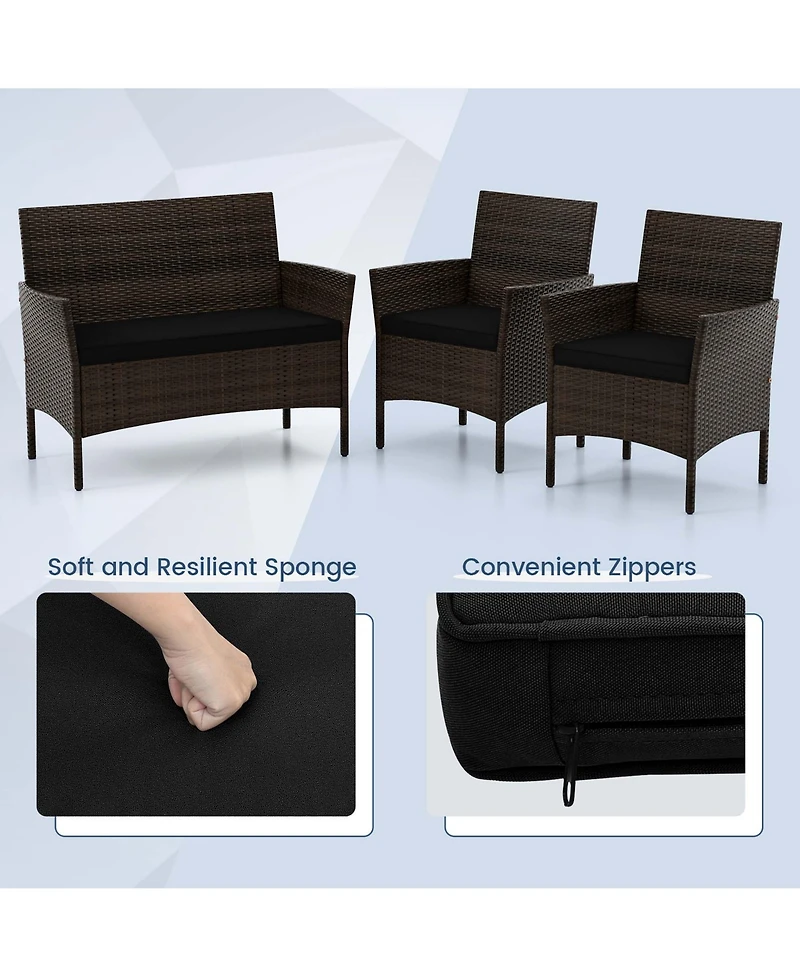 4 Pcs Patio Furniture Set with Washable Cushions and Tempered Glass Coffee Table