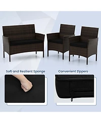 4 Pcs Patio Furniture Set with Washable Cushions and Tempered Glass Coffee Table