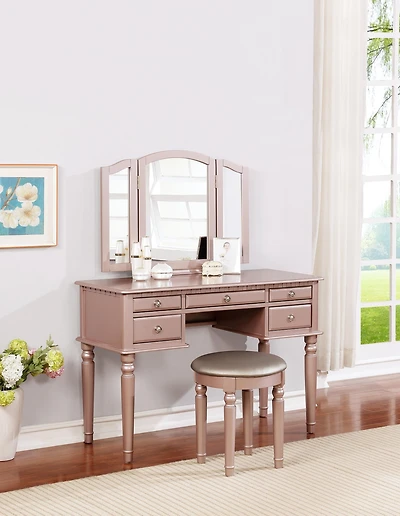 Streamdale Contemporary Vanity Set with Foldable Mirror, Drawers, and Rose Finish