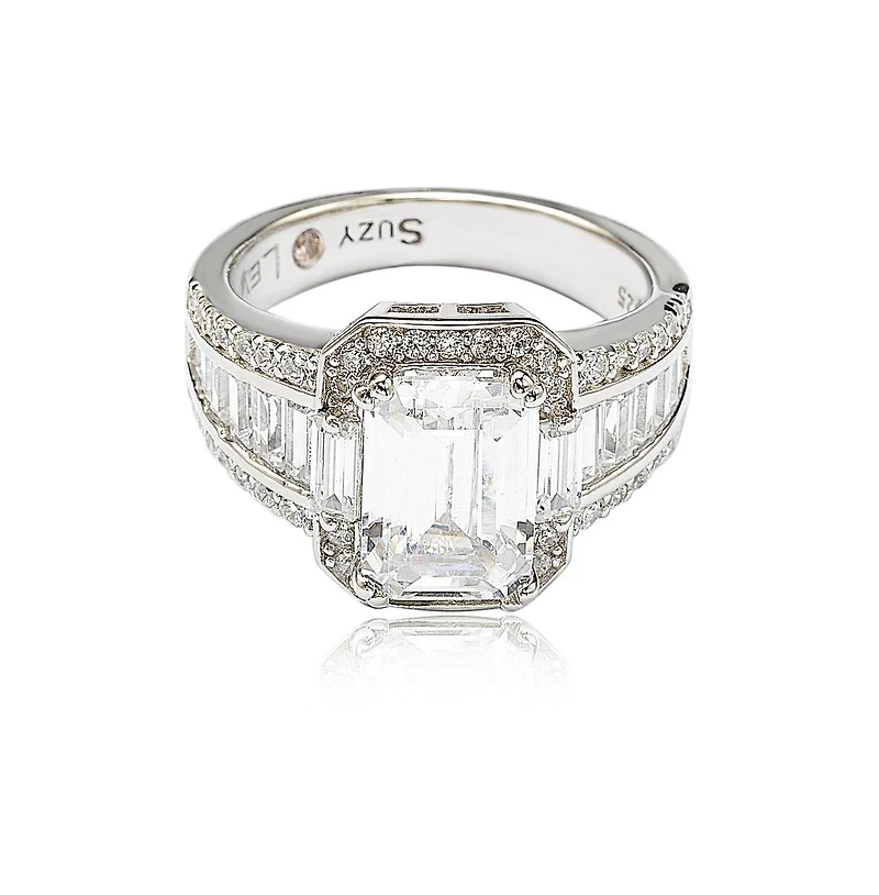 Suzy Levian New York Sterling Silver Cubic Zirconia Emerald-Cut Engagement Ring