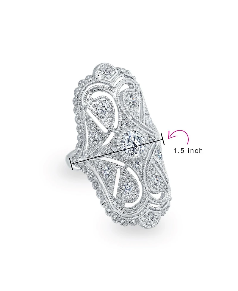 Bling Jewelry Deco Antique Style Filigree Pave Cubic Zirconia Cz Wide Armor Full Finger Fashion Statement Ring Rhodium Plated Brass