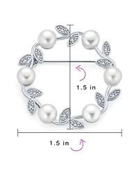 Bling Jewelry Elegant Classic White 7MM Freshwater Cultured Pearl Circle Leaf Scarf Brooch Pin Sterling Silver