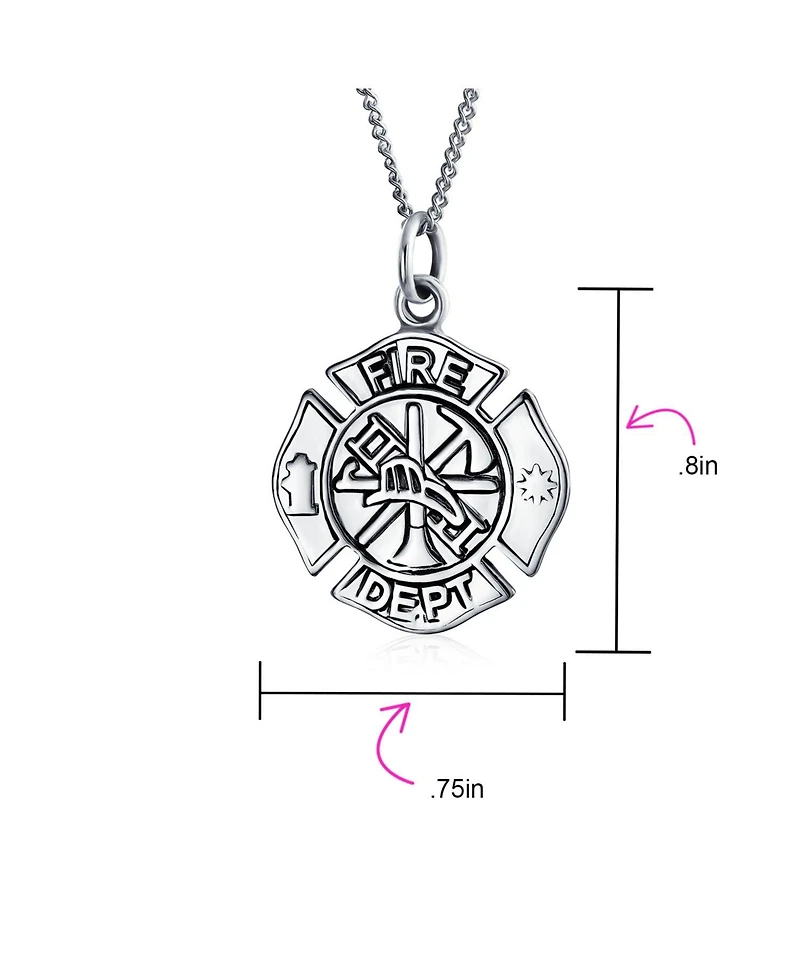 Round Small Firefighter Fire Dept Shield Medallion Pendant Necklace For Firemen Wife For Women Sterling Silver 16 Inch