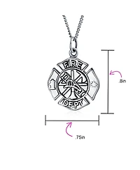 Round Small Firefighter Fire Dept Shield Medallion Pendant Necklace For Firemen Wife For Women Sterling Silver 16 Inch