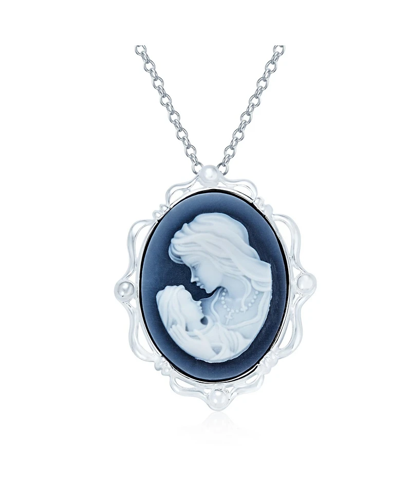 Bling Jewelry Classic Blue White Carved Oval Framed Victorian Lady Portrait Mother and Child Cameo Pendant Brooch Necklace For Women Mother Sterling S