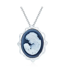 Bling Jewelry Classic Blue White Carved Oval Framed Victorian Lady Portrait Mother and Child Cameo Pendant Brooch Necklace For Women Mother Sterling S