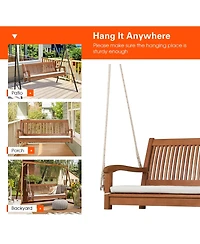 Costway 2-Person Hanging Porch Swing Wood Bench with Cushion Curved Back Outdoor Natural