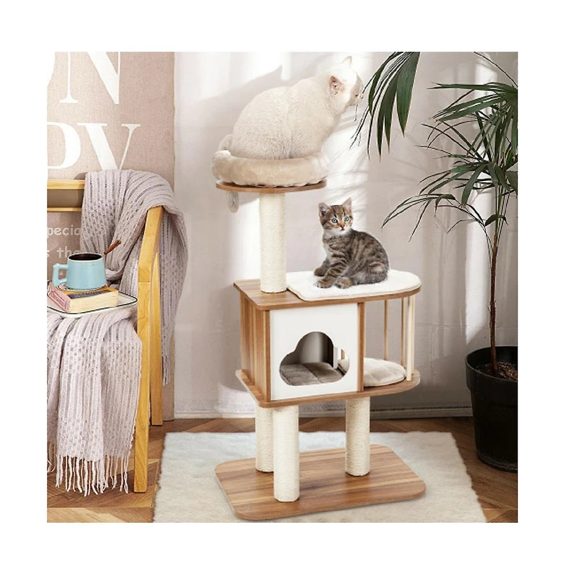 Slickblue 46 Inch Wooden Cat Activity Tree with Platform and Cushions