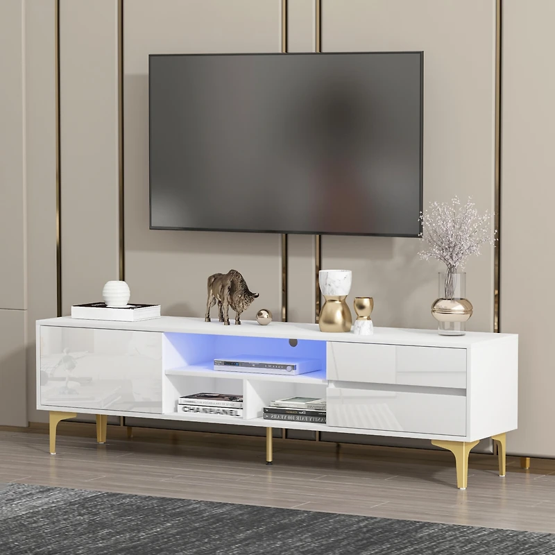 Streamdale White Tv stand with Led lights and gold legs
