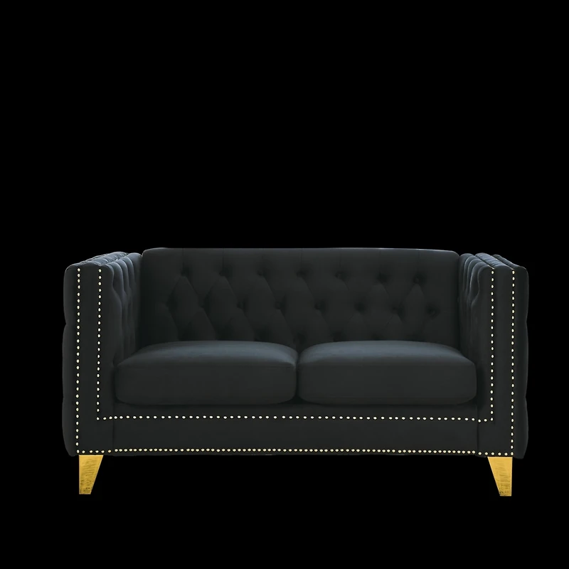 Streamdale Furniture Black Velvet Tufted Sofa with Metal Legs
