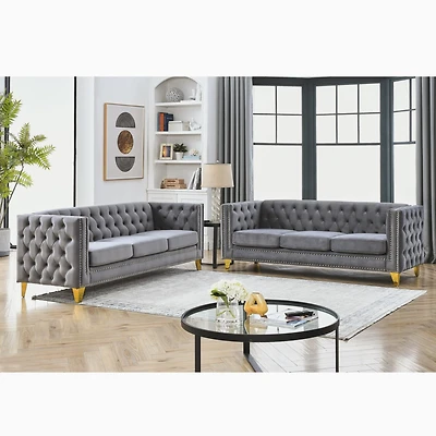 Streamdale Modern Grey Velvet Sofa Set with Metal Legs