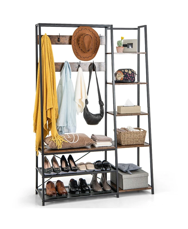 1 Pc 5-In-1 Entryway Coat Rack Storage Shoe Bench Freestanding Wooden