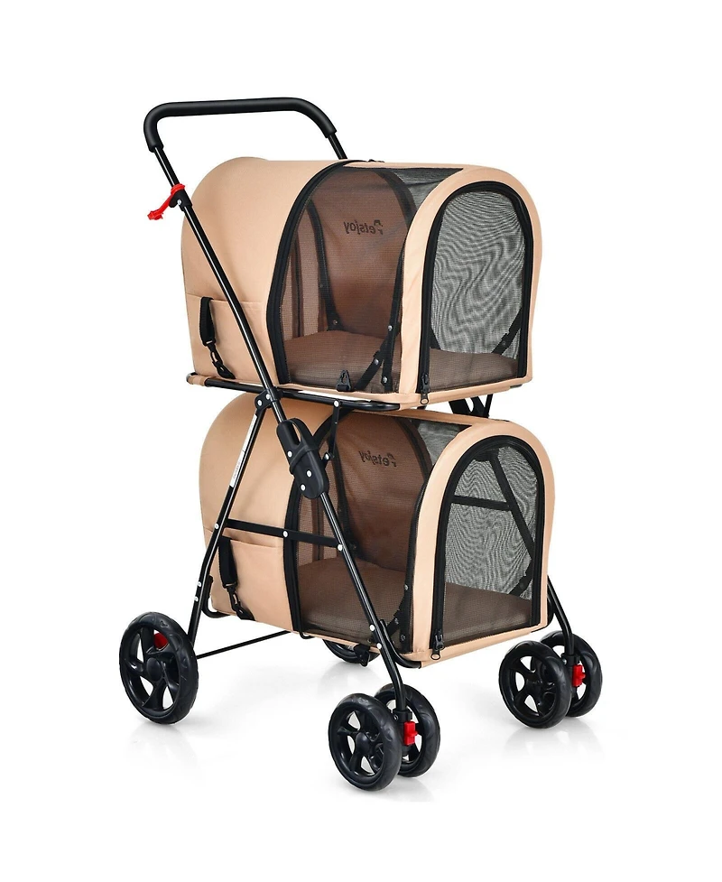 Sugift 4-in-1 Double Pet Stroller with Detachable Carrier and Travel Carriage-Beige