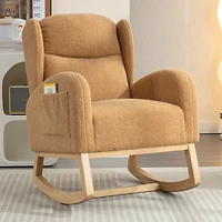 Teddy Fabric Rocking Chair With Packet Wood Legs, Khaki
