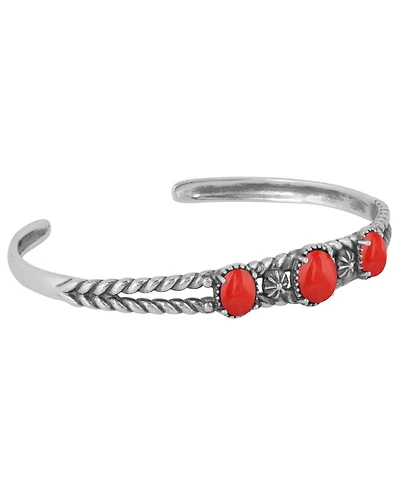 American West Jewelry Sterling Silver Genuine Coral 3 Stone Cuff Bracelet Size Small - Large