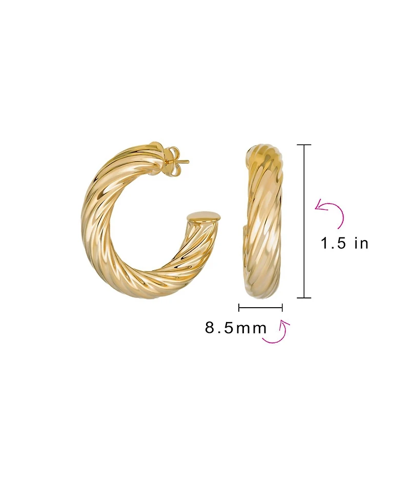 Bling Jewelry Classic Twisted Rope Braid Cable Light Weight Thick Big Hoop Earrings Yellow Gold Plated Brass 1.5 Inch
