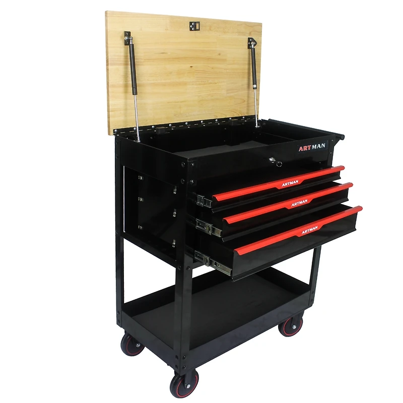 Streamdale Furniture 3 Drawers Multifunctional Tool Cart With Wheels And Wooden Top