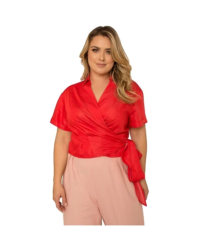 Standards & Practices Plus Short Sleeve Tie Waist Wrap Blouse