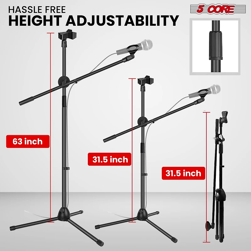 5 Core Mic Stand Floor Height Adjustable Tripod Microphone Stands w Extending Telescoping Boom Arm - Ms Dbl