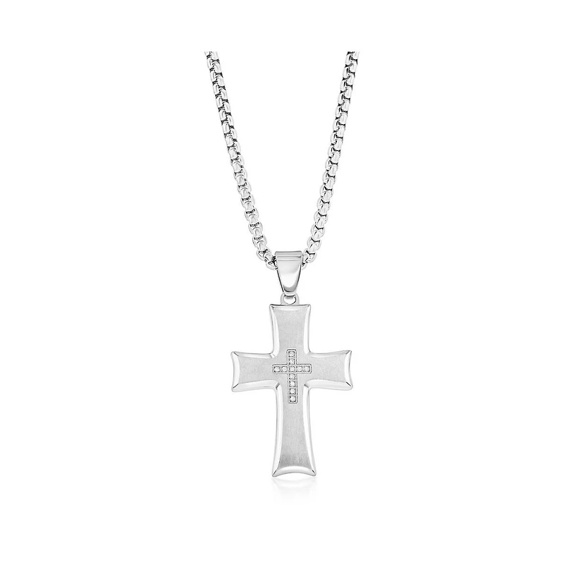 Stainless Steel Brushed and Polished Cz Cross Necklace