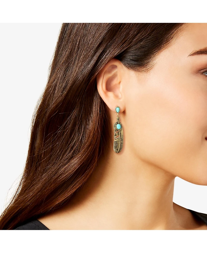 Jessica Simpson Women's Turquoise Stone Feather Drop Earrings