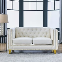 Streamdale Furniture Beige Velvet Sofa with Tufted Square Arm