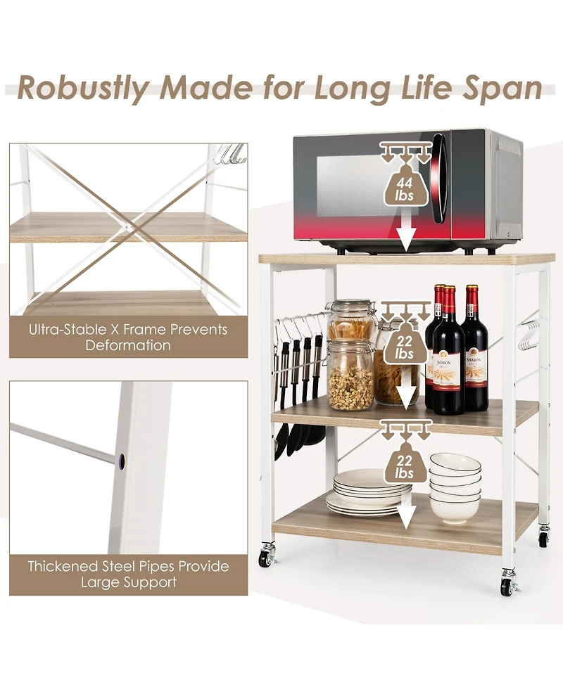 3-Tier Kitchen Baker's Rack with Microwave Shelf, Storage Hooks, and Utility Cart
