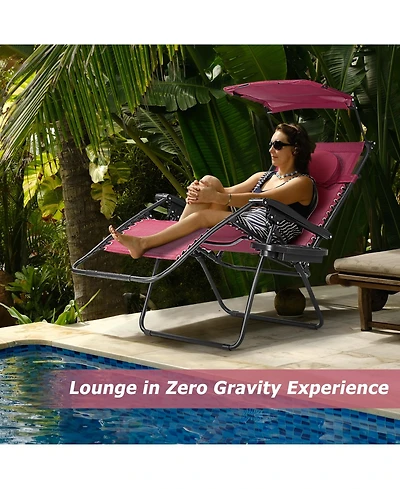 Slickblue Folding Recliner Lounge Chair with Shade Canopy Cup Holder