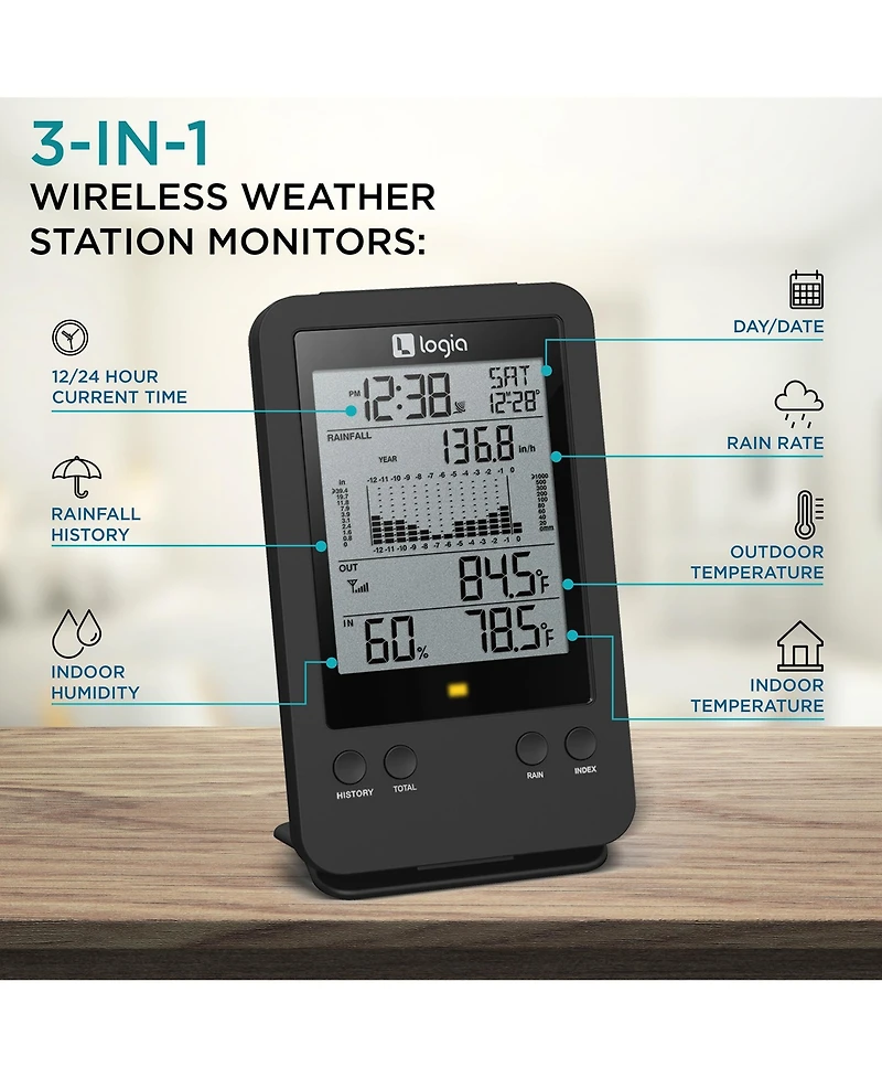 Logia 3-in-1 Rain Gauge Weather Station with Temperature & More