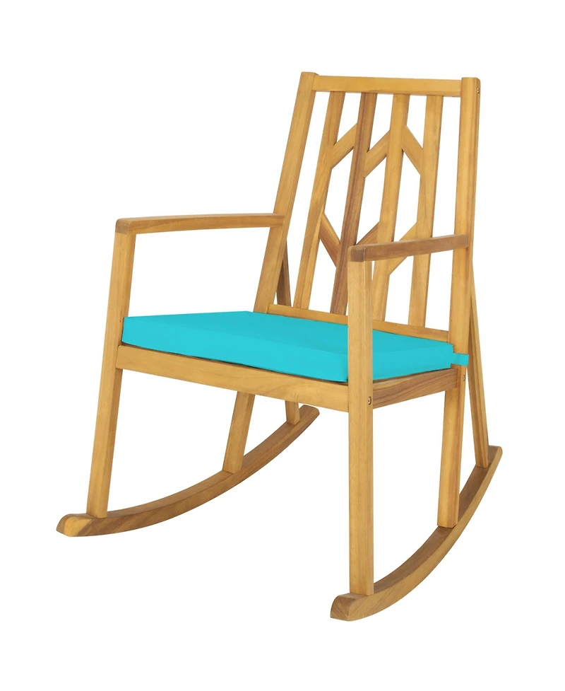 Gymax Outdoor Acacia Wood Rocking Chair Wooden Patio Rocker w/ Turquoise Cushion