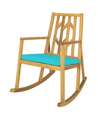 Gymax Outdoor Acacia Wood Rocking Chair Wooden Patio Rocker w/ Turquoise Cushion