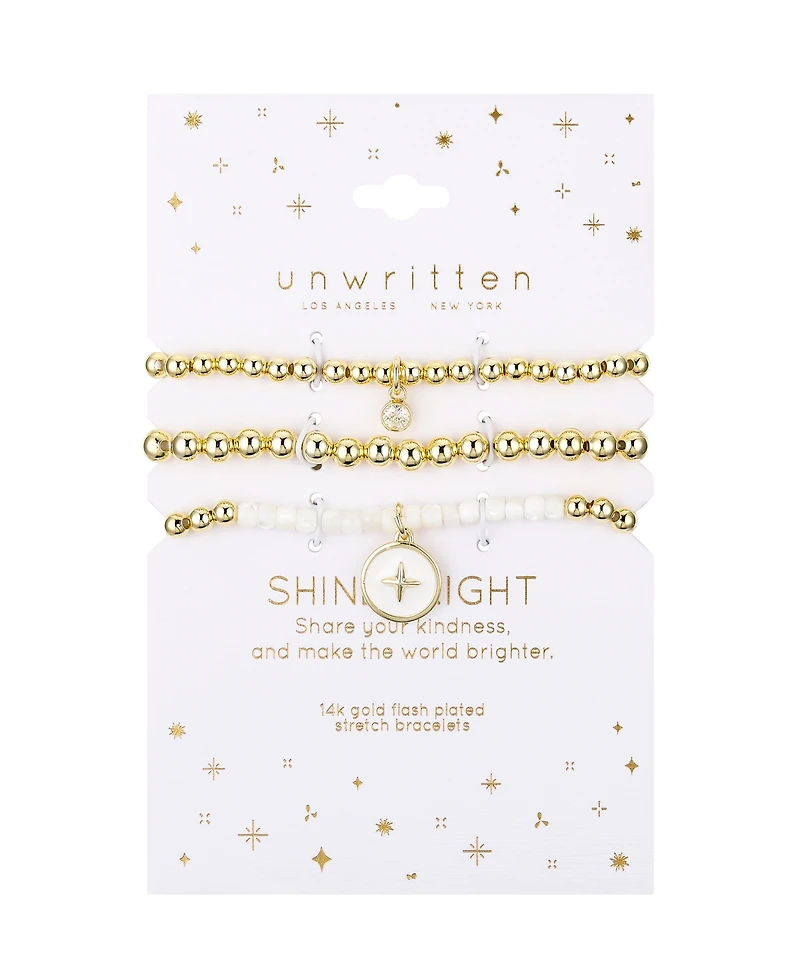 Unwritten White Enamel Cubic Zirconia and Mother of Pearl Star Beaded Stretch Bracelet Set