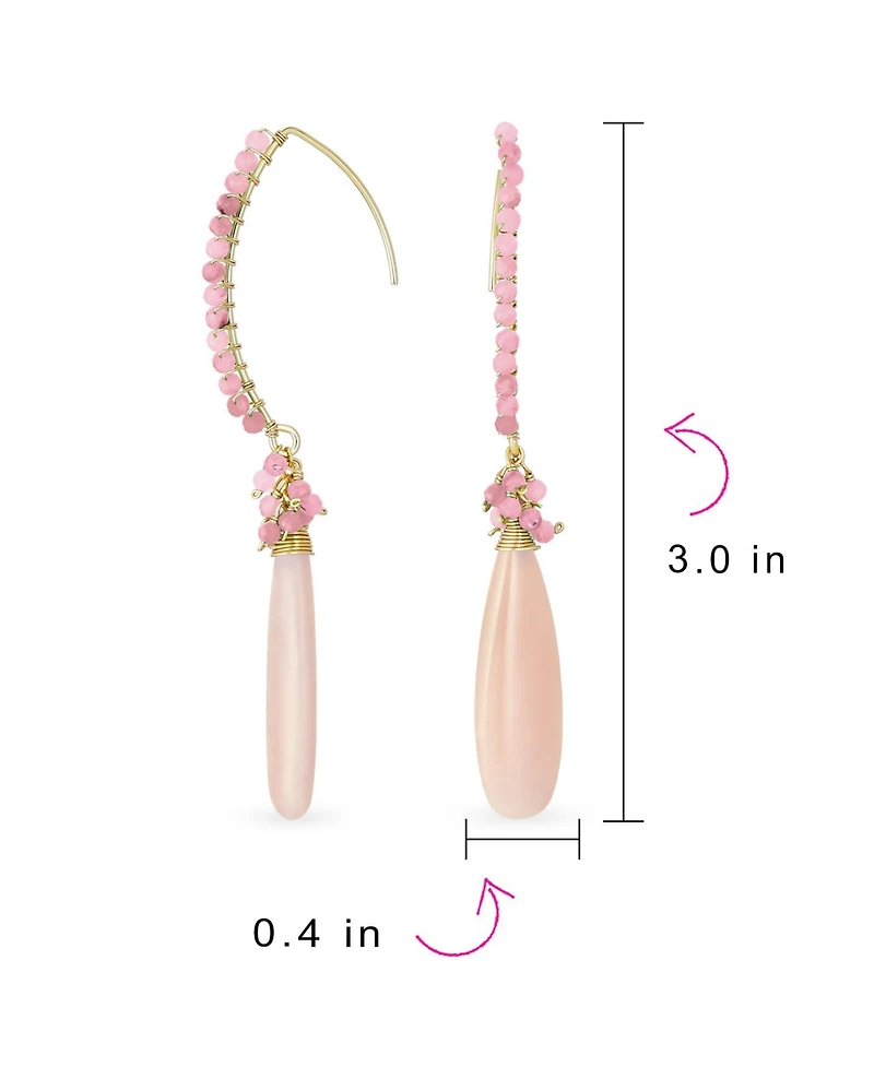 Bling Jewelry Boho Wire Wrap Cluster Bead Accent Linear Elongated Fish Hook Soft Light Pink Natural Tourmaline Long Teardrop Chandelier Dangle Earring