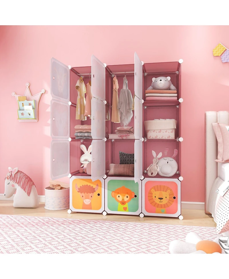 12-Cube Kids Wardrobe Baby Dresser Bedroom Armoire Clothes Hanging Closet with Door
