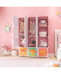 12-Cube Kids Wardrobe Baby Dresser Bedroom Armoire Clothes Hanging Closet with Door