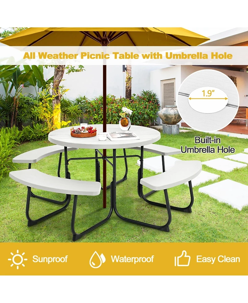 Outdoor 8-person Round Picnic Table Bench Set with 4 Benches & Umbrella Hole
