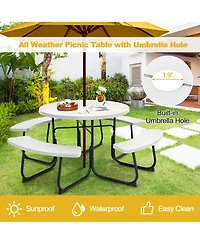 Outdoor 8-person Round Picnic Table Bench Set with 4 Benches & Umbrella Hole