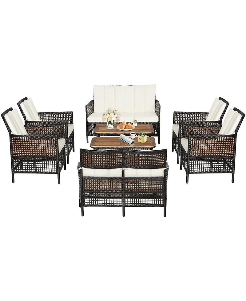 Costway 8PCS Patio Rattan Furniture Set Cushioned Chairs Wood Table Top W/Shelf