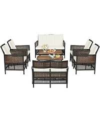 Costway 8PCS Patio Rattan Furniture Set Cushioned Chairs Wood Table Top W/Shelf