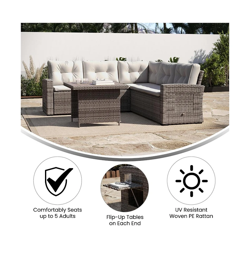 Merrick Lane Shelton Indoor/Outdoor L-Shaped Sofa/Dining Table Conversation Set With Wicker Rattan Construction And Weather-Resistant Cushions