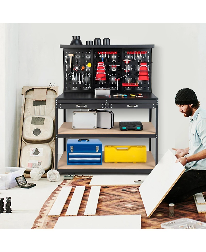 Slickblue 48 Inch Workbench with Pegboard and Drawers-Black