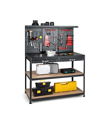 Slickblue 48 Inch Workbench with Pegboard and Drawers-Black