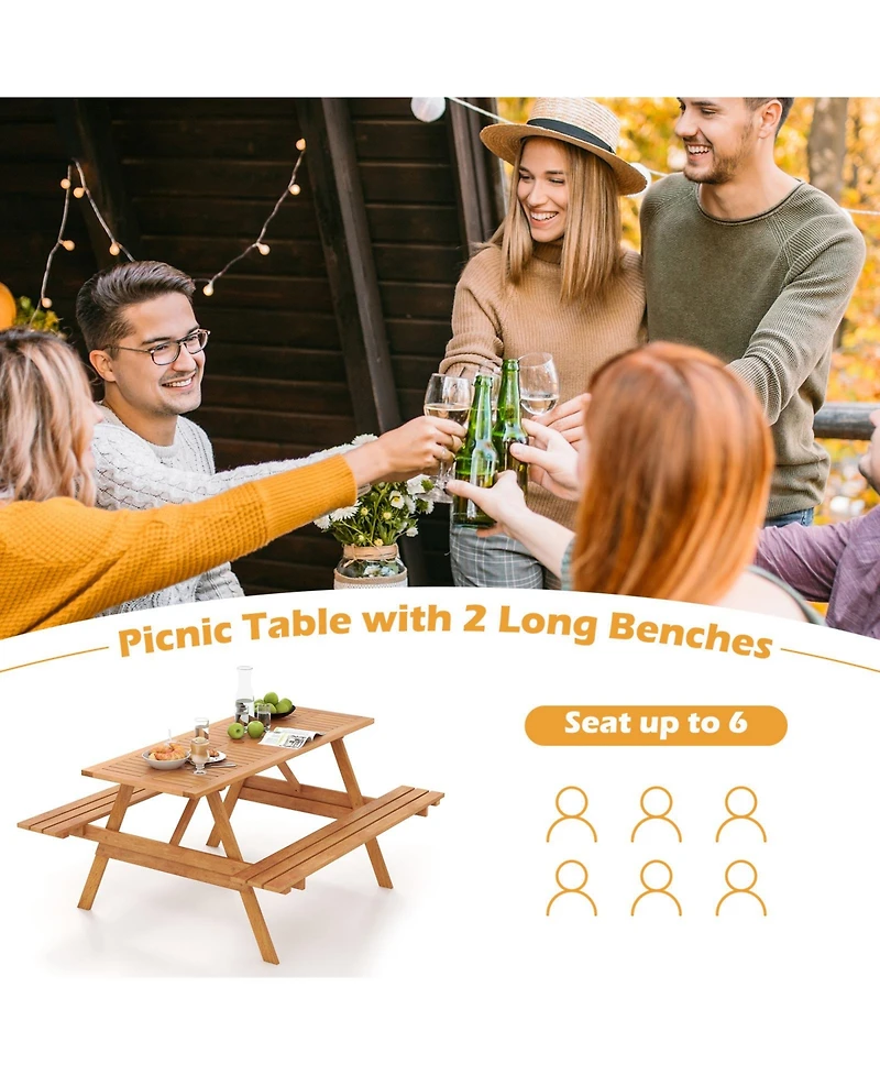 Slickblue 6 Person Picnic Table Set Patio Rectangle with 2 Built-in Benches and Umbrella Hole