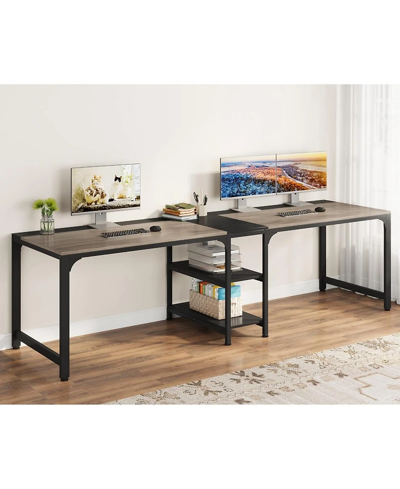 Tribesigns 90.55'' 2 Person Desk with Storage Shelves, Double Computer Desk with Spacious Desktop, Extra Long Study Writing Table Workstation for Home