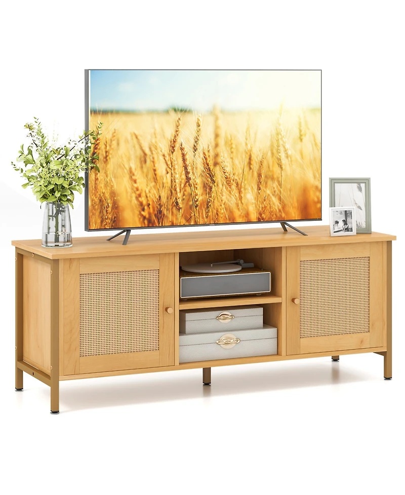 Slickblue Tv Stand for Tv up to 55 Inches with Faux Rattan Door-Natural