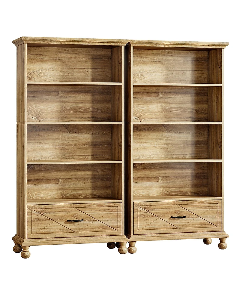 Tribesigns 6-Shelf Bookcase Set of 2, 71 Inch Tall Floor Standing Bookshelf with Drawer and Solid Wood Legs, 6-Tier Large Open Display Storage Book Sh