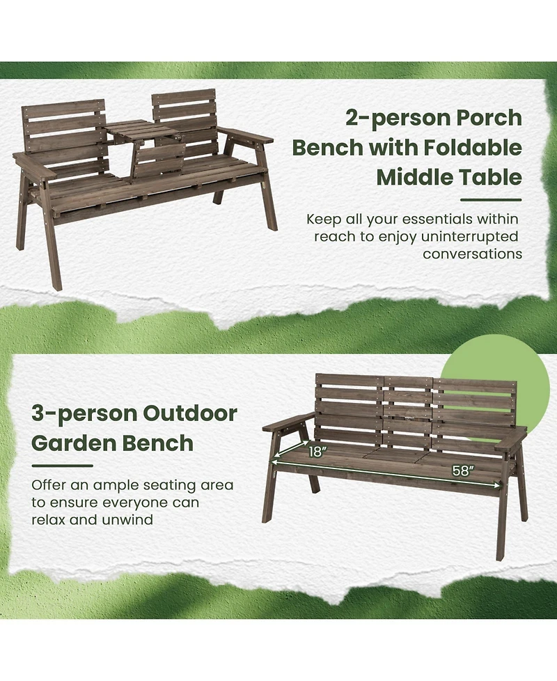 Slickblue Outdoor Fir Wood Bench with Foldable Middle Table-Gray